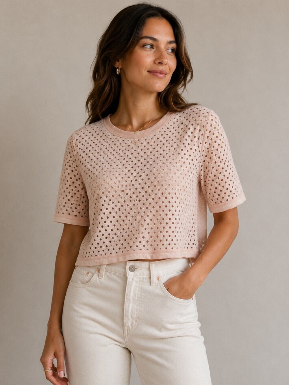 Banana Republic Peach Eyelet Cropped Boxy Top NWT XS Petite